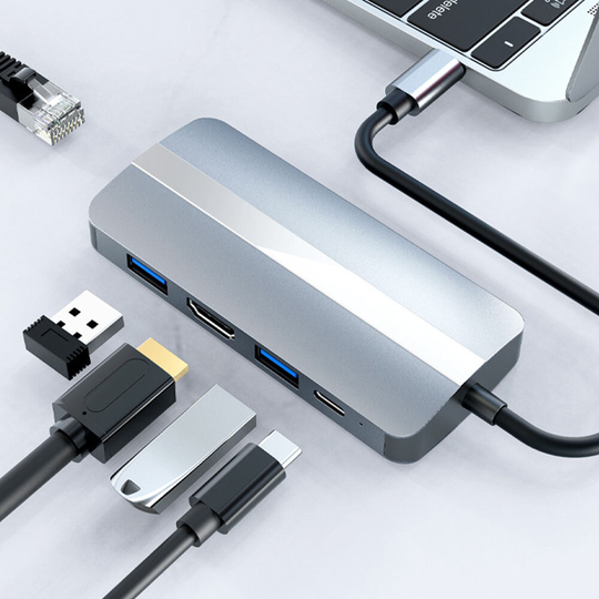 7 i 1 Typ-C Dockningsstation USB-C Hub Splitter Adapter med USB-C USB3.0 2.0 PD 87W 4K/30HZ 100 Mbps RJ45 LAN Ethernet S