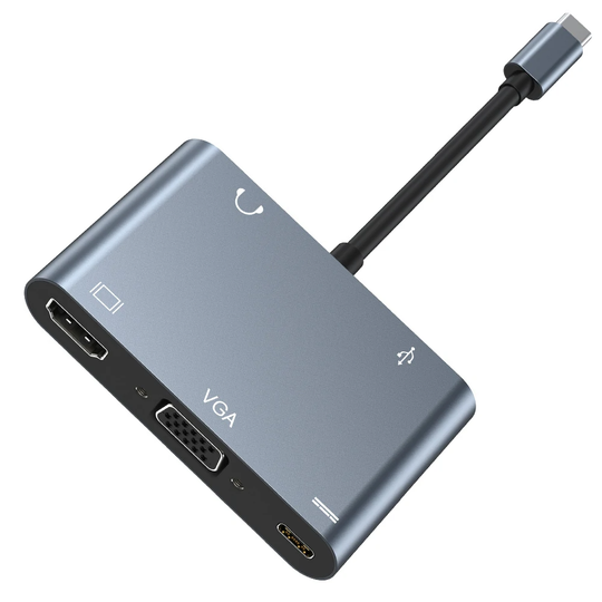 5-i-1 Typ-C Dockningsstation USB-C Hub Splitter Adapter med USB3.0 USB-C PD 100W 4K HDMI-kompatibel 1080P VGA 3,5 mm lju