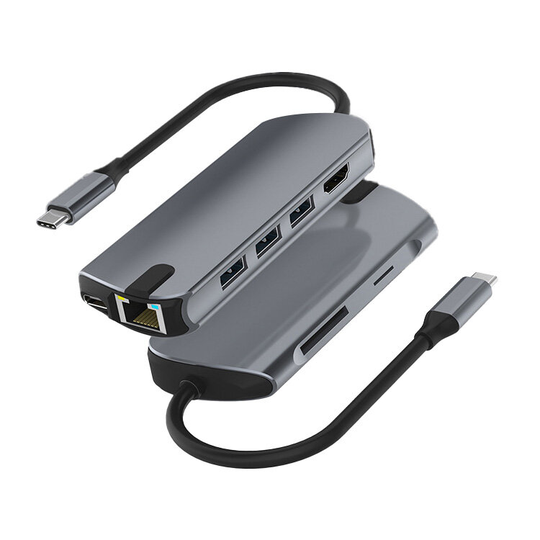 Basix 8 in 1 Typ-C Dockningsstation USB-C Hub Splitter Adapter med USB3.0 USB-C PD 100W 4K HDMI RJ45 1000Mbps LAN Ethern