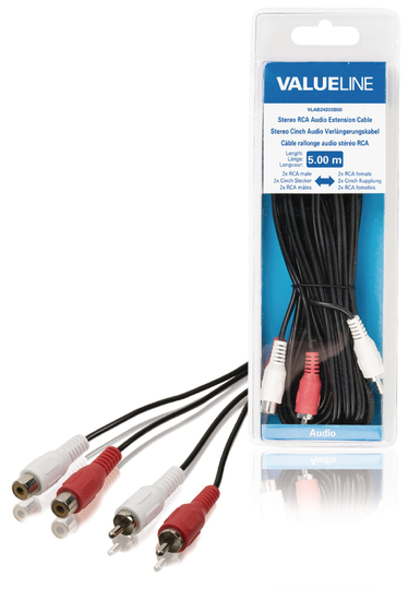 Stereo RCA-äänijatkokaapeli 2x RCA uros - 2x RCA naaras 5 00 m musta