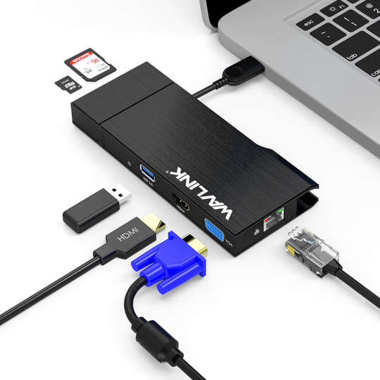 Wavlink 6 i 1 USB-hubb USB 3.0-dockningsstation med Gigabit Ethernet, USB 3.0-port, avtagbar kortläsare Micro SD/SD, 2K