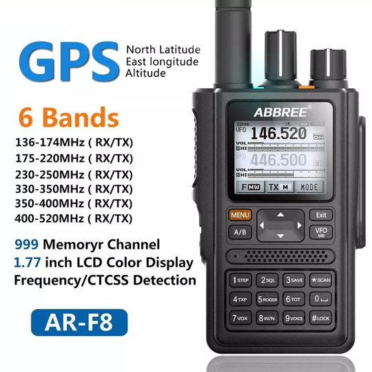 ABBREE AR-F8 GPS Walkie Talkie High Power 6 märken 136-520MHz Frekvens CTCSS DNS-detektering LED-display