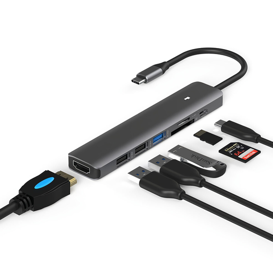 LanShuo 7 in 1 Hub Dockningsstation Typ-C Adapter med HDMI+PD+USB3.0+USB2.0*2+SD+TF för PC Laptop Matebook HUAWEI XIAOMI