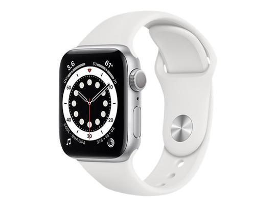 Apple Watch Series 6 (GPS) 40mm hopeanvärinen alumiinikuori / valkoinen urheiluranneke MG283KS/A