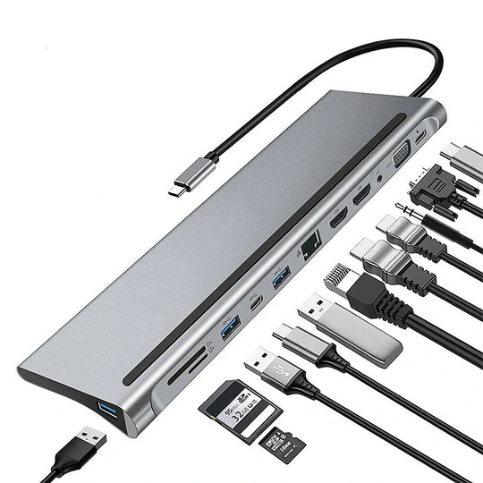 12-i-1 Typ-C Dockningsstation USB-C Hub Splitter Adapter med Dual 4K HDMI Display 1080P VGA 87W USB-C PD3.0 Strömförsörj