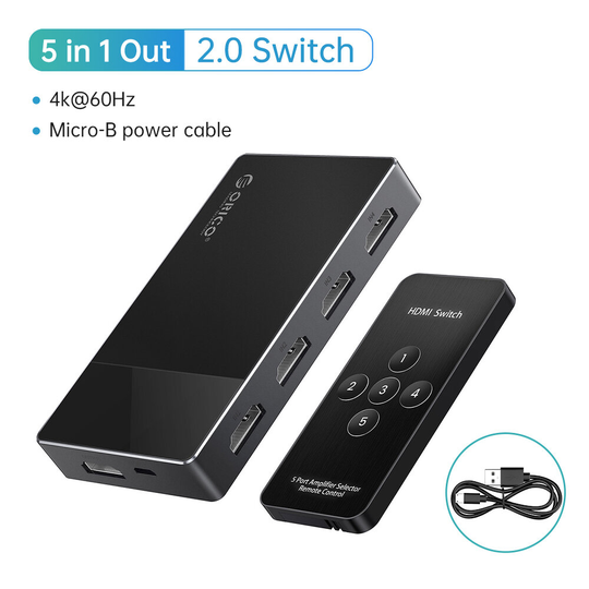 ORICO HDMI-kompatibel 2.0 Switch 5 In 1 Out 4k@60HZ Switcher Converter för TV PS5 Xbox PC Fire Stick med IR fjärrkontrol