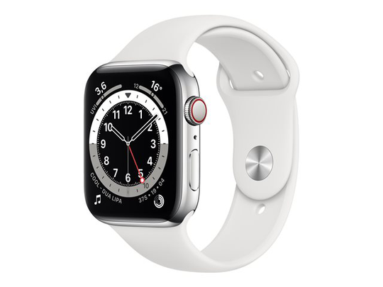 Apple Watch Series 6 (GPS + Cellular) 44mm hopeanvärinen teräskuori / valkoinen urheiluranneke M09D3KS/A