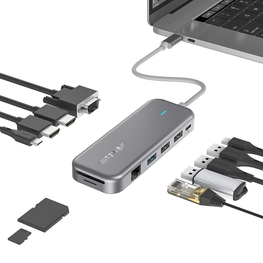 BlitzWolf® BW-TH11 11-i-1 USB-C Data Hub med dubbla 4K @ 30Hz HDMI-portar 1080P 60Hz VGA-port USB3.0 USB2.0 1000 Mbps RJ