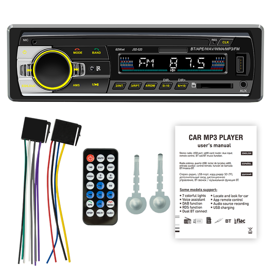 JSD-520 Bilradio MP3-spelare USB SD-kort AUX IN FM bluetooth Förlustfri musikklocka Display 7 färgljus