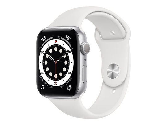Apple Watch Series 6 (GPS) 44mm hopeanvärinen alumiinikuori / valkoinen urheiluranneke M00D3KS/A