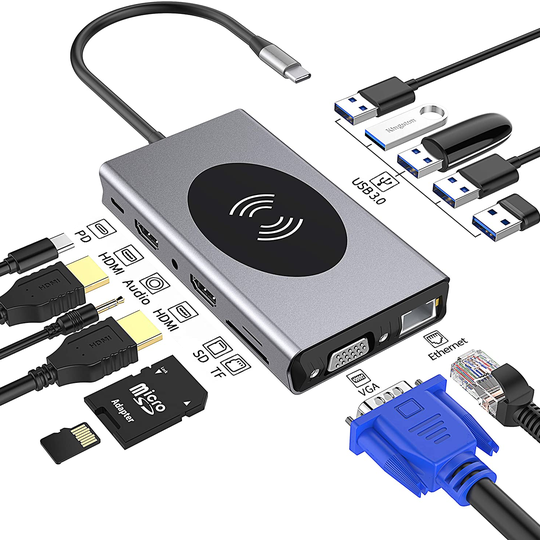 Bakeey 14 i 1 trippelskärm USB-C Hub dockningsstation Adapter med 5 * USB 3.0 / 10W trådlös laddare / 100W Type-C PD / D