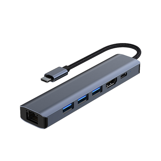 6 i 1 Typ-C Dockningsstation splitteradapter med USB3.0*3 4K@30Hz HDMI PD100W 1000M RJ45 Multifunktionella USB-C-hubbar