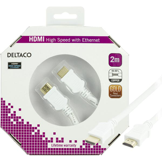 DELTACO HDMI-kaapli v1.4+Ethernet 19-pin ur-ur 1080p valkoinen 2m