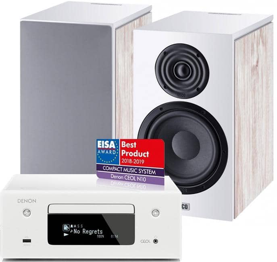 Denon CEOL + Heco stereopaketti, valkoinen