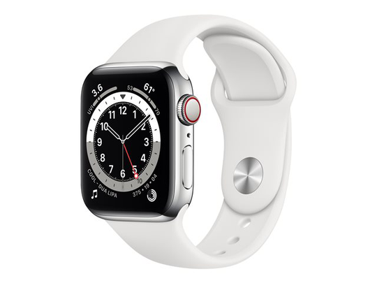Apple Watch Series 6 (GPS + Cellular) 40mm hopeanvärinen teräskuori / valkoinen urheiluranneke M06T3KS/A