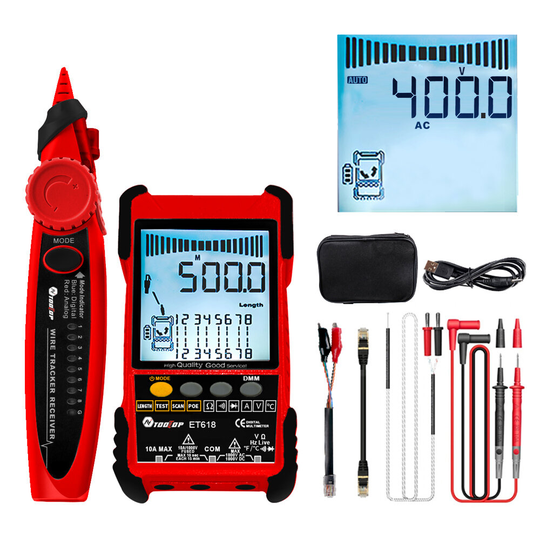 TOOLTOP Stor LCD-skärm Nätverkskabel Tester + Multimeter 2 i 1 400M/500M Nätverkskabel Längd Mätning AC DC Ström Spännin