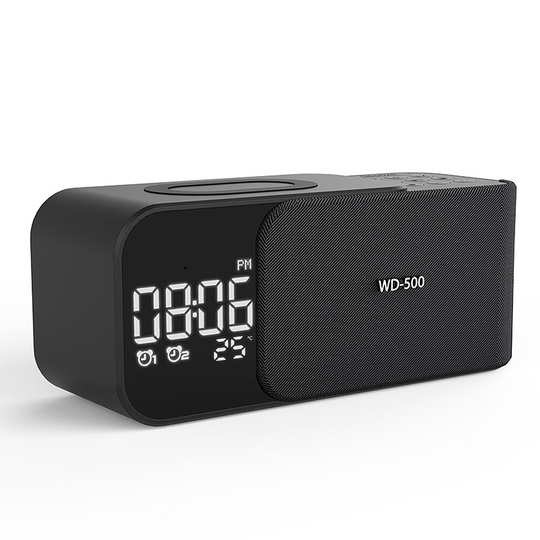 WD-500 5W Blåtand-högtalare Bärbar högtalare Basförstärkt membran Trådlös laddare Dubbel väckarklocka FM-radio Temperatu