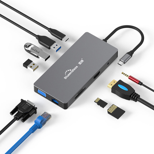 Blueendless BS101A 10 in 1 Typ-C Dockningsstation USB-C Hub Splitter Adapter med USB3.0*3 PD100W RJ45 1080P VGA 4K@30Hz