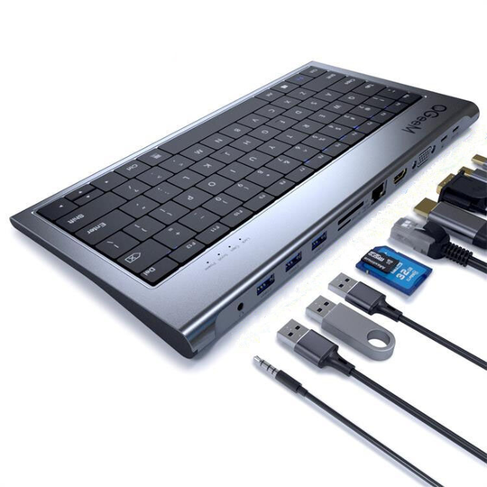 QGeeM tangentbord i aluminiumlegering + 11 i 1 USB-C Hub Dockningsstation Adapter med / 4K HDMI HD-skärm / 1080P VGA / 1