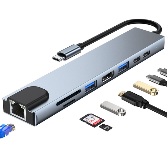 Mechzone 8 In 1 USB-C Hub Dockningsstation Typ-C till USB3.0 USB2.0 PD 87W 4K HDMI-kompatibel RJ45 100Mbps Ethernet SD/T