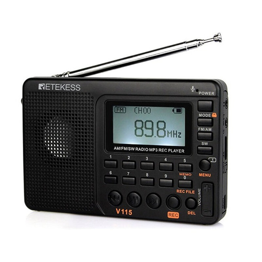 Retekes V115 Radio FM AM SW Bärbara radioapparater Uppladdningsbara kortvågsradioenheter Alla fullvågor USB-inspelare Vi