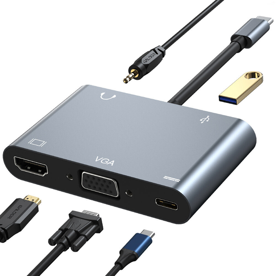 Mechzone 5 in 1 Typ-C Dockningsstation USB-C Hub Adapter med USB3.0 USB-C PD 100W 4K HDMI-kompatibel 1080P VGA 3,5 mm lj