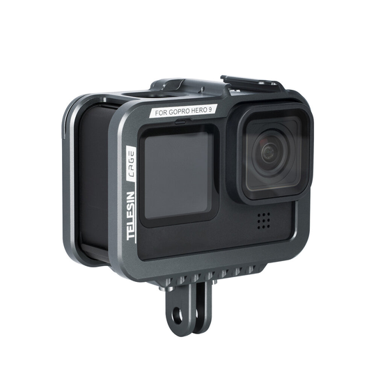 TELESIN Skyddsväska i aluminium för GoPro Hero 9 kamerahushusbur med avtagbar bakdörr och kallskonmontering
