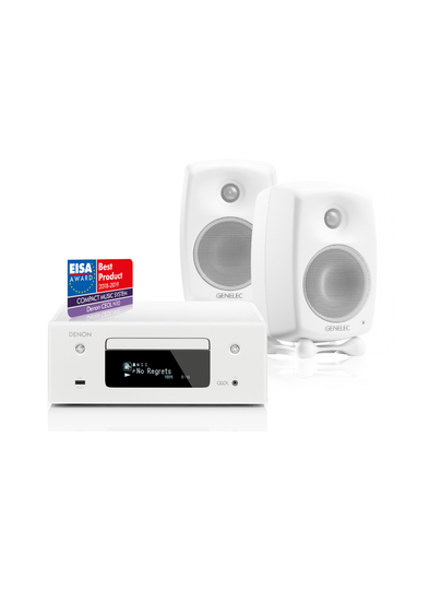 Stereopaketti denon rcd-n10 preout ja 2 kpl genelec g two, valkoinen
