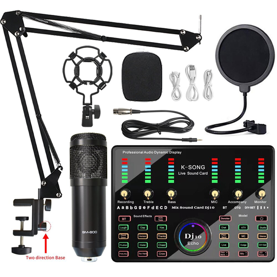 BM800 kondensatormikrofon med DJ10 bluetooth ljudkort Shock Mount Mikrofon för spel Livesändning för iPhone Telefon PC S