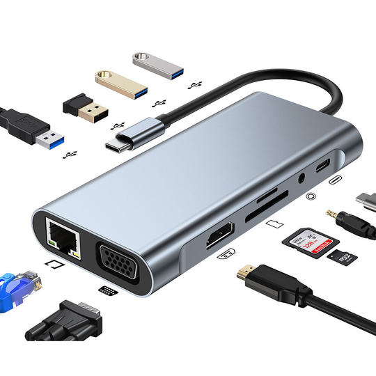 Mechzone 11 in 1 USB-C Hub Dockningsstation Typ-C Adapter med USB3.0 USB2.0 PD 100W 4K HDMI-kompatibel VGA 3,5 mm Aux RJ