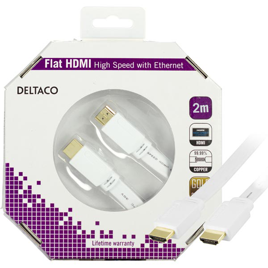 DELTACO HDMI v1.4 kaapeli 4K Ethernet 3D paluu litteä valk 2m