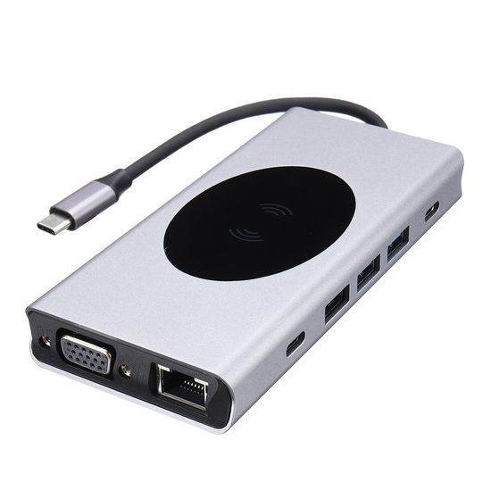 Basix 13-i-1 trippelskärm USB-C Hub Dockningsstation Adapter med USB 3.0 / USB-C 2.0/ 15W trådlös laddare / 100W Typ-C P
