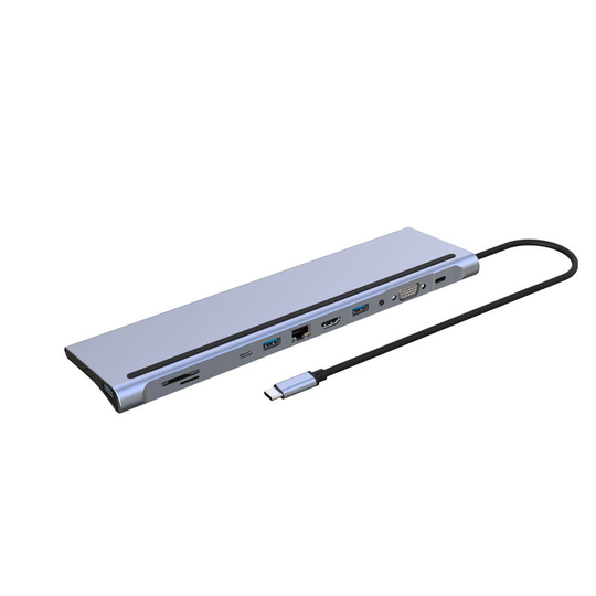 11 i 1 Typ-C Dockningsstation USB-C Hub Splitter Adapter med USB2.0*3 Typ-C 2.0 PD100W 1080P VGA 100M RJ45 3,5 mm Ljudko