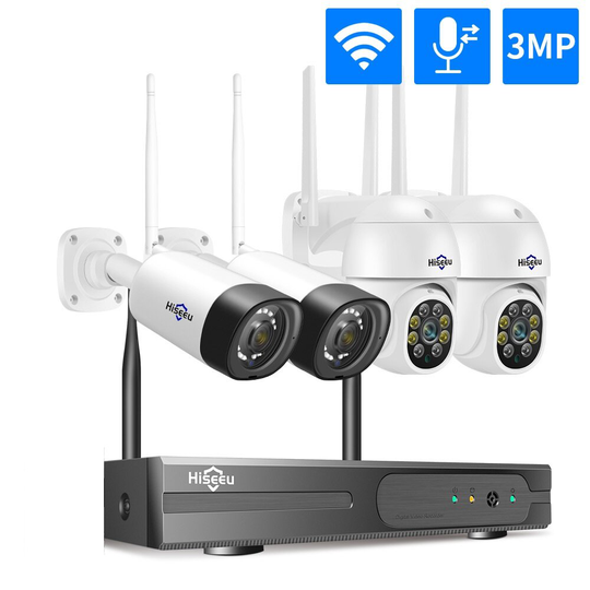 Hiseeu Trådlös 8CH 4ST 3MP Tvåvägs ljudsäkerhet PTZ 5X Digital zoom Utomhus & Bullet WIFI IP-kameror Vattentät CCTV-kit